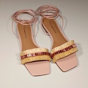 Anthropologie Embellished Tie-Up Pink/Rose Raffia Square Toe Sandals - Size 37